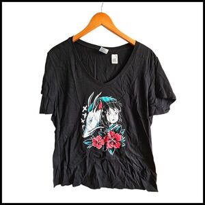 Port Company Anime Graphic Tee V-Neck Short Sleeve Black Top XXL
